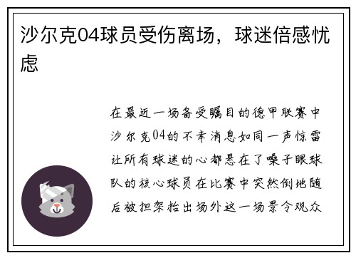 沙尔克04球员受伤离场，球迷倍感忧虑