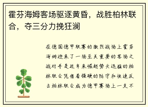 霍芬海姆客场驱逐黄昏，战胜柏林联合，夺三分力挽狂澜